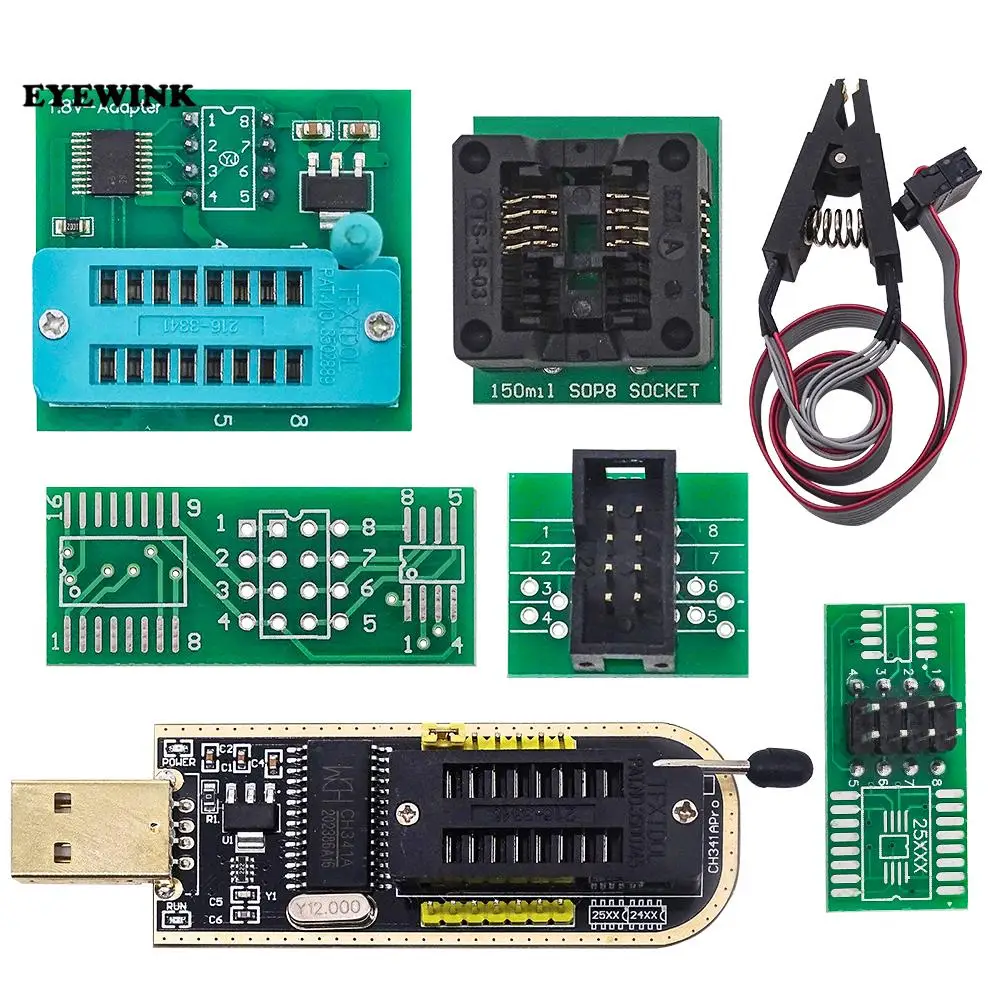 CH341A 24 25 Series EEPROM Flash BIOS USB Programmer Module + SOIC8 SOP8 Test Clip + 1.8V adapter + SOIC8 adapter DIY KIT