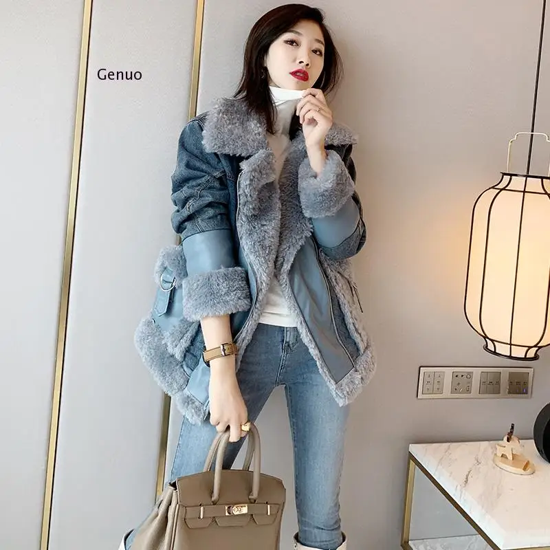 Autumn and Winter New Faux Lamb Wool Stitching Denim Jacket Women\'s Long Section Loose Plus Velvet Thick Cotton Coat Tide