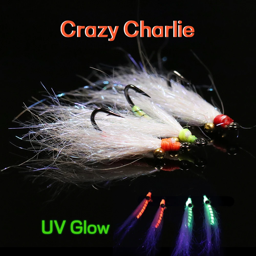 Bimoo 6PCS 8# 10# 12# Crazy Charlie Ice Dubbing Nymph Flies Barbed Hook Fast Sinking Fly Fishing Lure Bait UV Green Orange Red