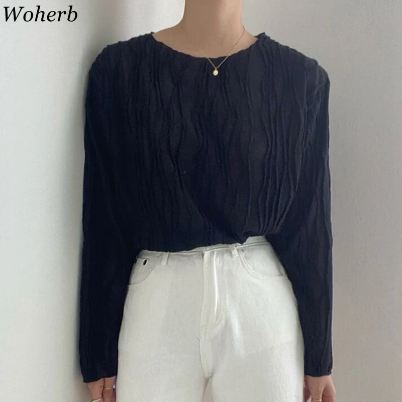 Woherb Frauen Tops Herbst Oansatz Falten Design Durchscheinende Bluse Koreanische Chic Fashion Casual Alle Spiel Lange Ärmeln Hemd