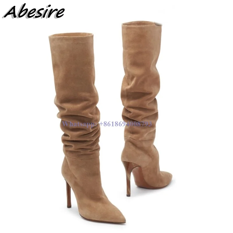 New Long Brown Pleated Boots Slip On Solid Stilettos High Heel Pointed Toe Women Boots Knee High Big Size Shoes botas de mujer