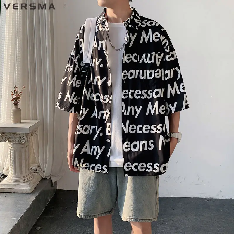 

VERSMA Korean Trendy Letter Graffiti Print Shirt Men Women Summer Streetwear Short Sleeve Beach Hawaiian Shirt Male Dropshipping