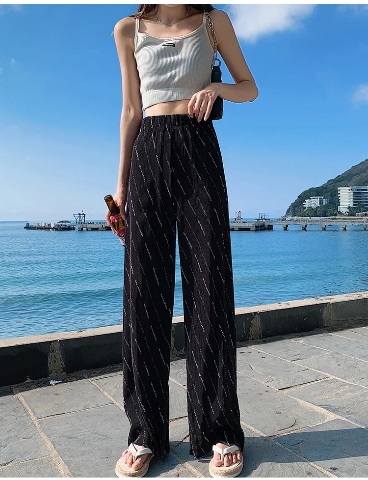 HOT SELLING Miyake Beauty fashion fold show thin fold  pants female foot trousers Letter printing straight pants  IN STOCK