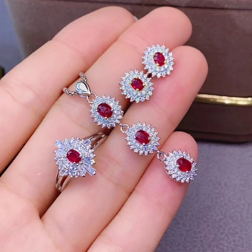 

KJJEAXCMY fine Jewelry 925 sterling silver inlaid natural ruby girl lovely pendant ring earring set support test Chinese style