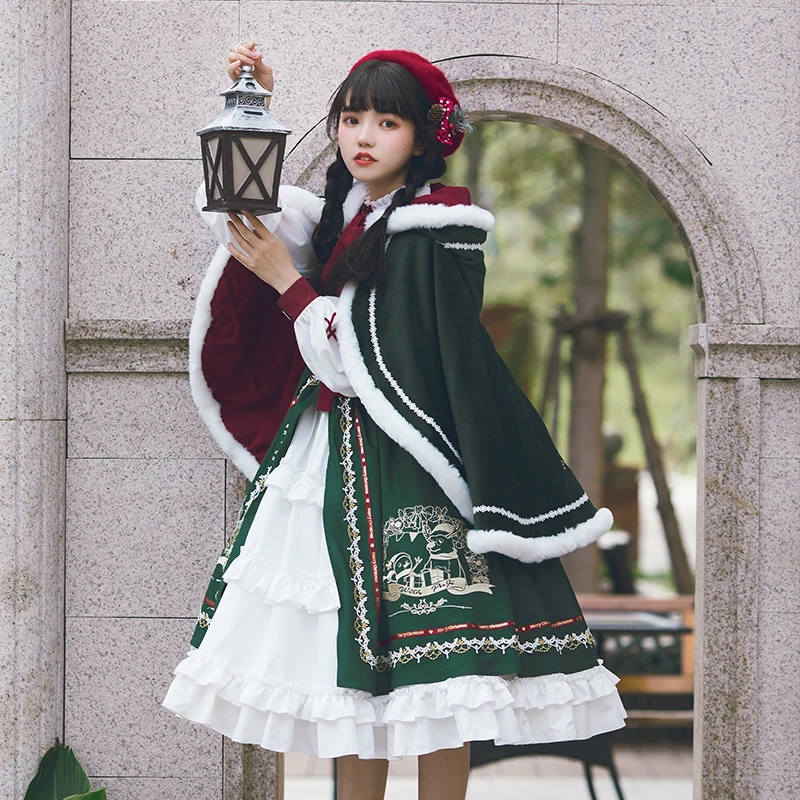 

Christmas Op Dress Cloak Winter Lolita Women Dresses Green Cosplay Renaissance Tea Party Japanese Lolitas Dress Kawaii Style