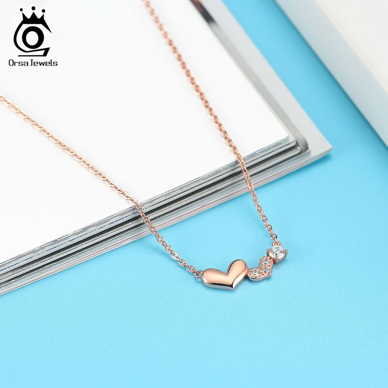 ORSA JEWELS Genuine 925 Sterling Silver Double Heart Necklace Pendant High Quality Rose Gold Plated Women Necklace Jewelry EQN13