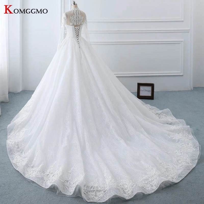 Luxo alta pescoço capela trem bordado apliques tule vestido de baile nupcial foto real botão manga cheia voltar vestido de casamento