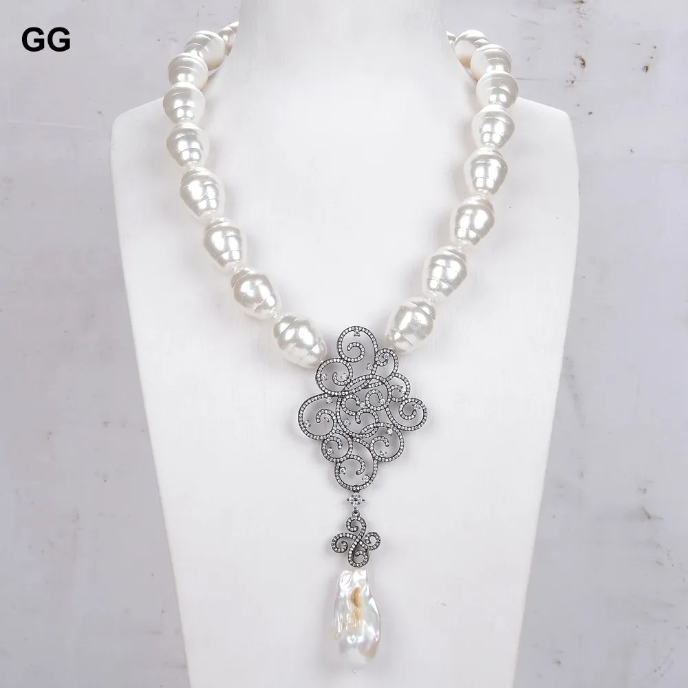 

GuaiGuai Jewelry 18" White Sea Shell Pearl Necklace White Keshi Pearl Propitious Cloud CZ Pendant