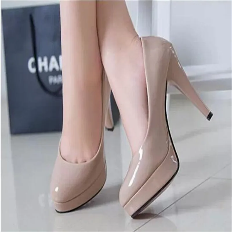 Fashion Mature Women Pumps Classic Patent Leather High Heels Shoes Nude Sharp Head Paltform Wedding Women Dress Shoes Plus 34-42