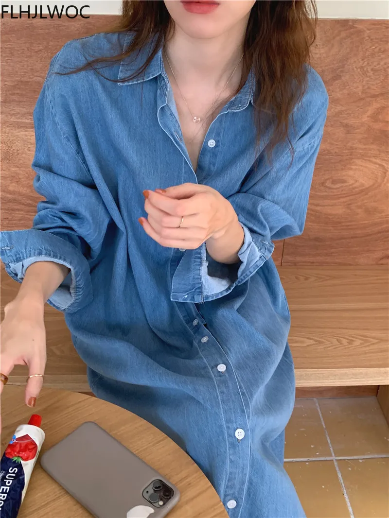 Chic Korea Loose Lazy Outerwear Vestidos Hot Sales Women Fashion Single Breasted Button Long Denim Jeans Blue Shirt Dress