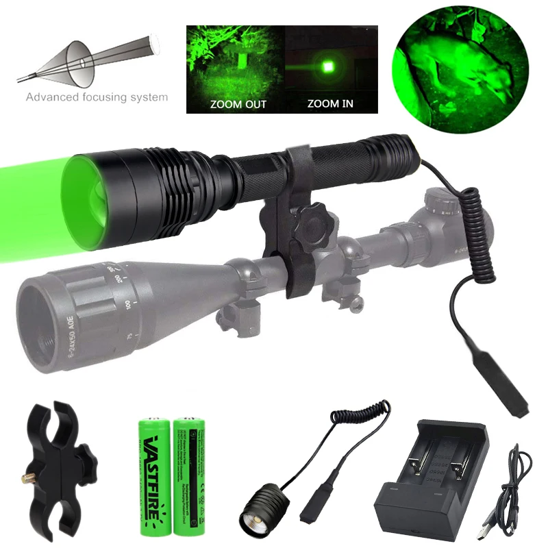 Tatical Green Light Hunting Torch Zoomable Adjustable Focus Flashlight+Remote Pressure Switch+ Scope Mount+18650 Battery+Charger