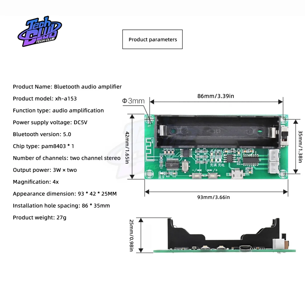 XH-A153 Lithium Battery Bluetooth-Compatible 5.0 Dual-channel Stereo Low Power Amplifier Board 3W+3W DC 5V PAM8403 Chip Dropship