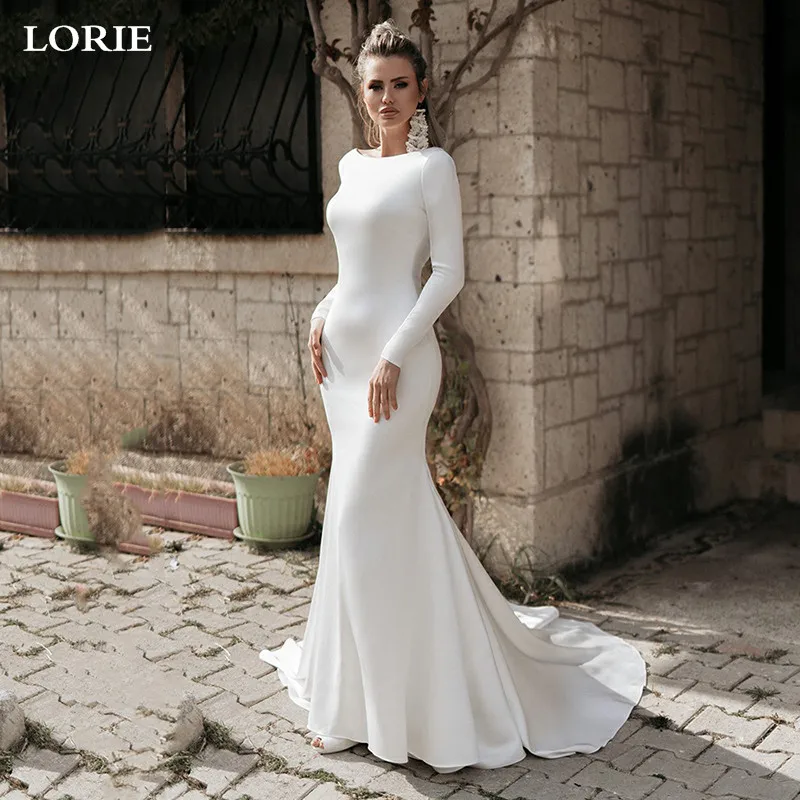 

LORIE Matt Soft Satin Mermaid Wedding Dress Long Sleeve Backless Bride Dresses Sweep Train Classic Boho Wedding Gowns 2022