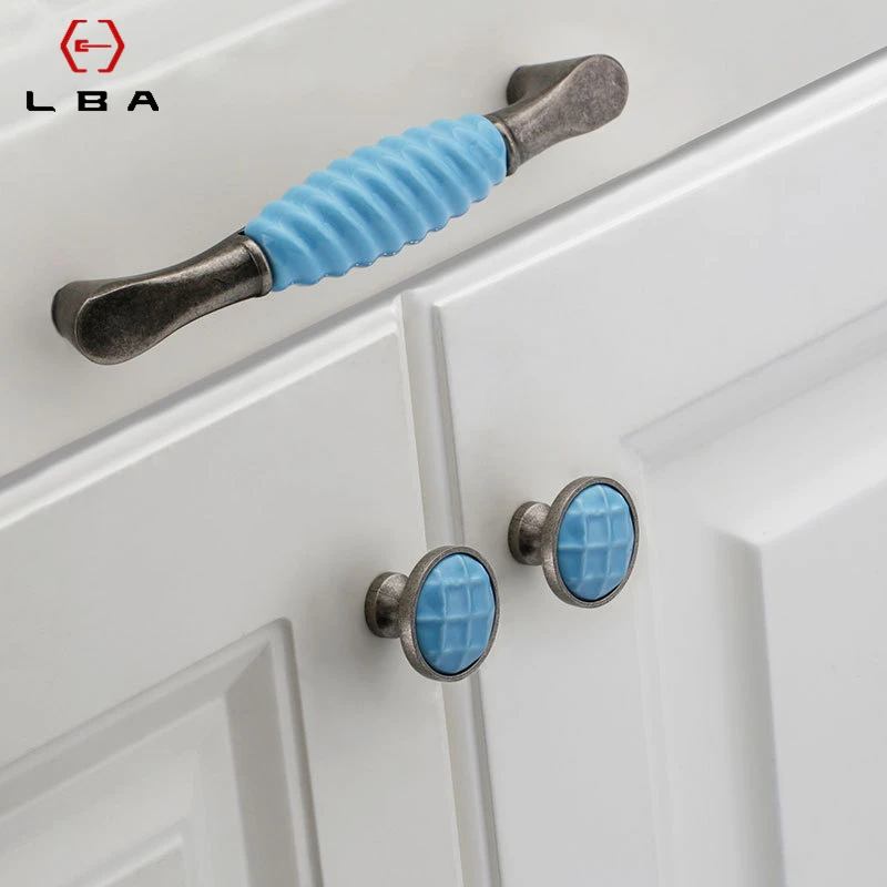 Chinese Ceramic Zinc Alloy Decorative Furniture Knobs Cabinet Wardrobe Door Handle Matte Blue Drawer Flush Handles Hardware