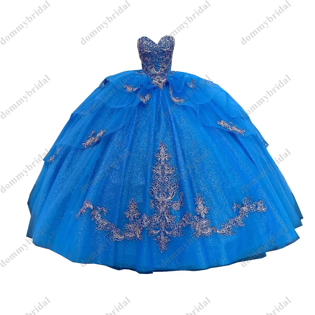 Impressionante enfeite de ouro azul real quinceanera vestidos de baile querida babados rendas pérolas frisado cocktail baile xv