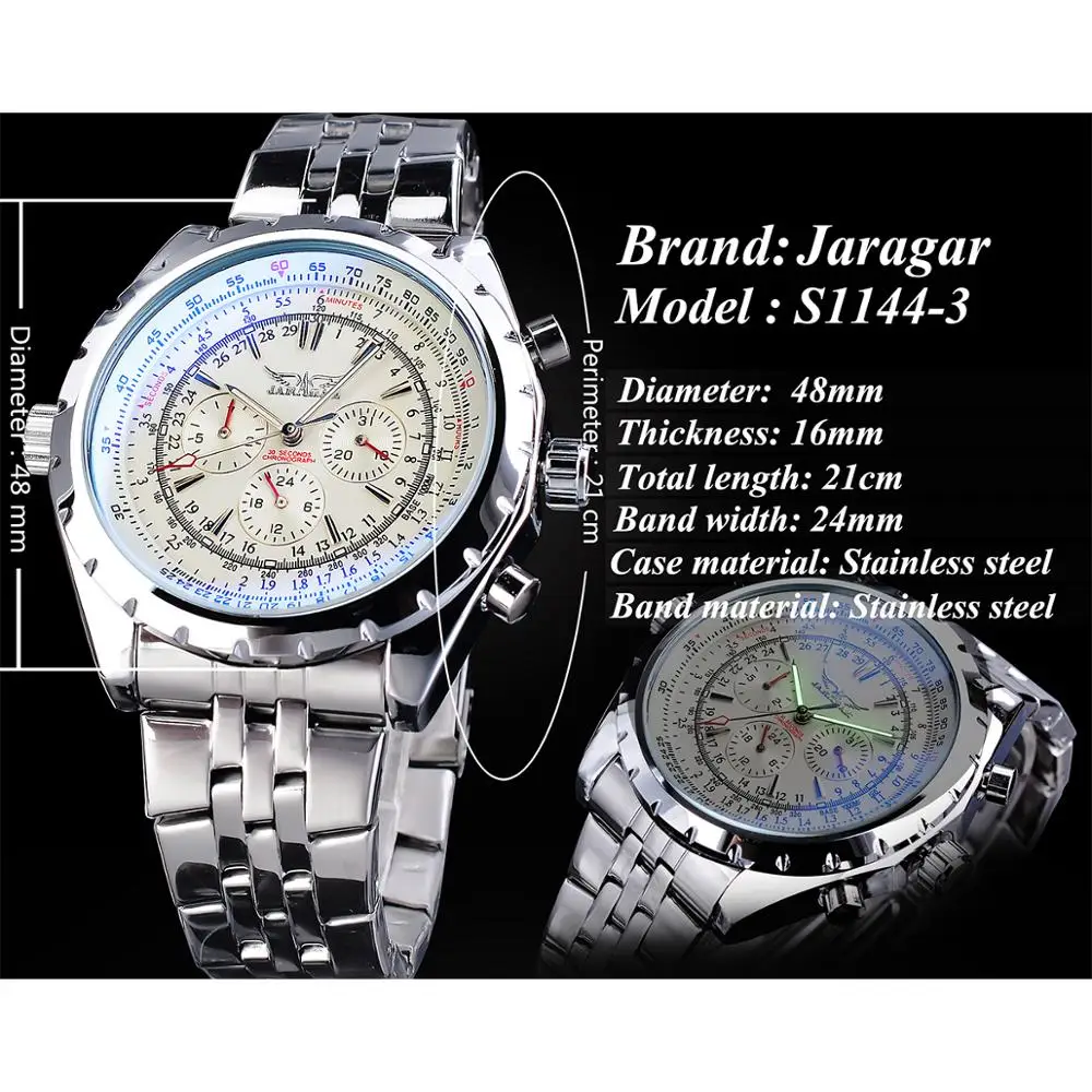 Jaragar-White Dial Automatic Watch, Calendário Completo, Aço Inoxidável Prata, Luminous Business Sport, Data Mecânica Relógio de Pulso