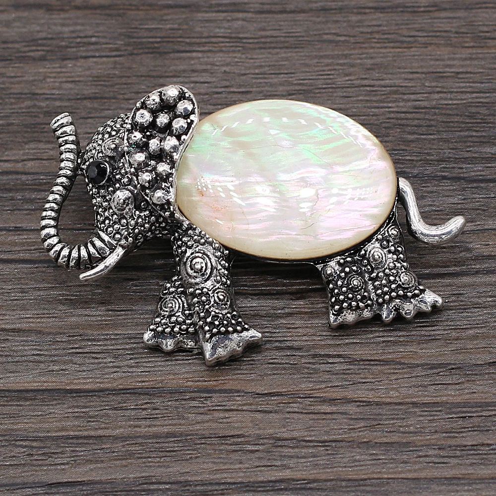 Hot Sale Natural Gem Stone Crystal Brooch Lucky Elephant Antique Abalone Shell Pins for DIY Charms Necklace Making Jewelry Gift