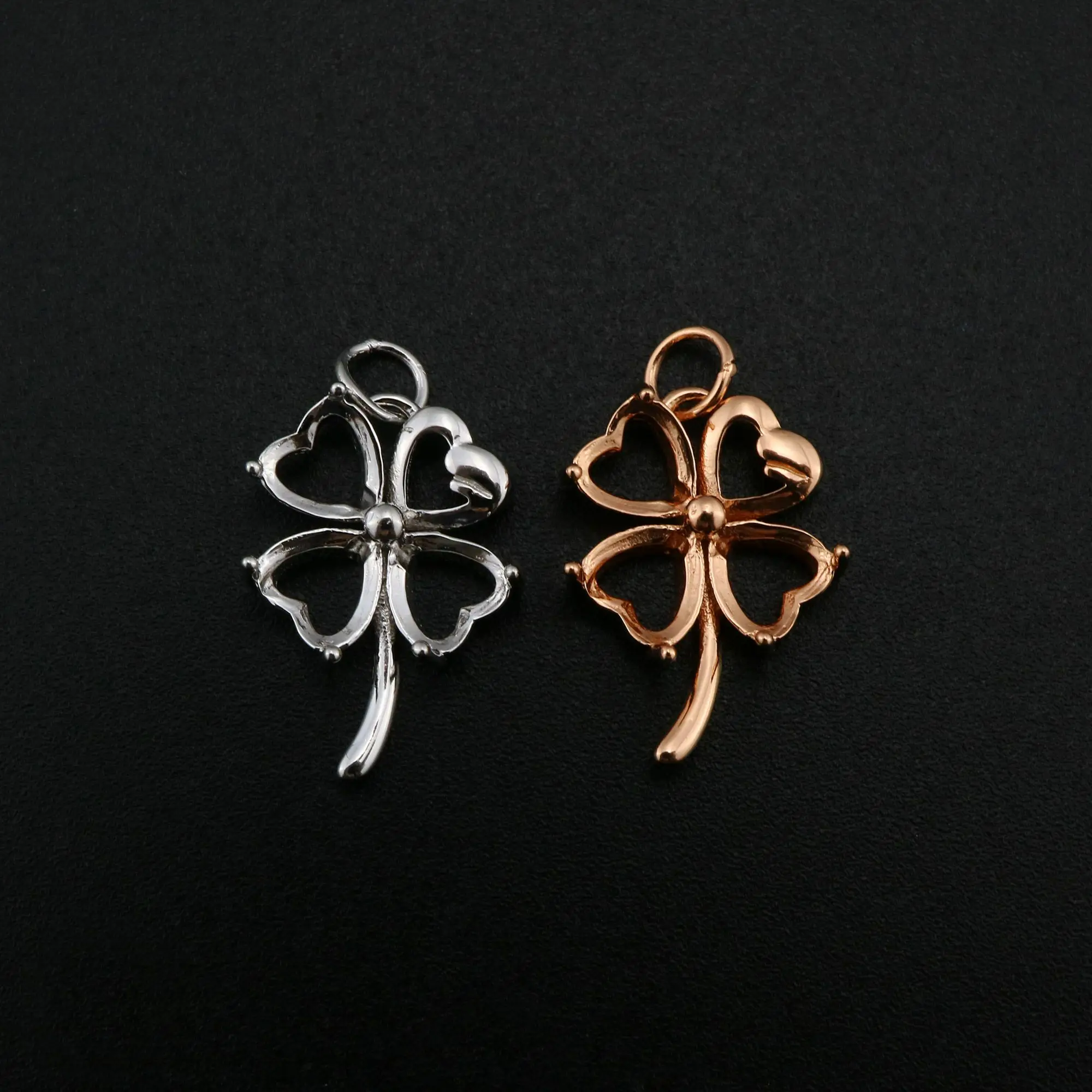 6MM Heart Prong Pendant Settings Lucky Four Leaf Clover Solid 925 Sterling Silver Rose Gold Plated Charm Bezel DIY 1431091