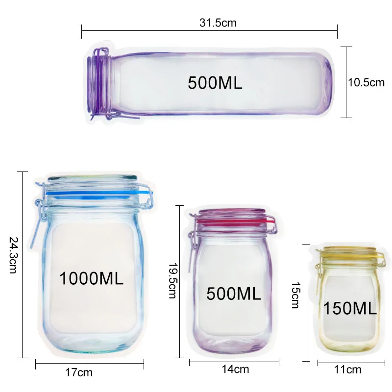 Reusable Mason Jar Zipper Bags Snack Food Storage Bag Seal Fresh Zip Lock Plastic Bags Candy Nuts Cookies Kitchen Organizer