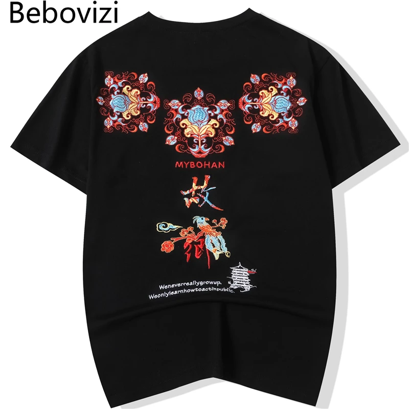 

Chinese Style T Shirt 2021 Men Streetwear Hometown Exquisite Embroidery T-Shirt Harajuku Cotton Loose Summer Tshirt Black