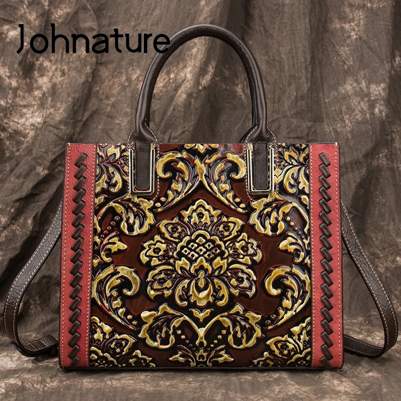 

Johnature Retro Embossing Women Handbag 2024 New Genuine Leather Large Capacity Luxury Handbags Leisure Buckets Shoulder Bags