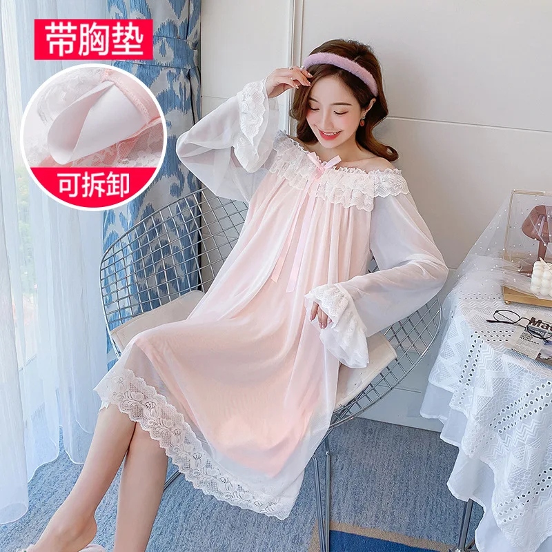 Sexy Chest Pad Women Autumn Long-Sleeved Nightgowns Pure Cotton Palace Princess Lace Nightdress Ladies Nightshirt Long Dress
