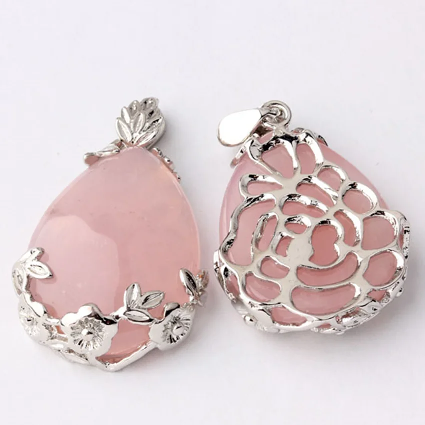 Silver Plated Natural Rose Pink Quartz Crystal Water Drop Stone Pendant Charm Teardrop Jewelry For Women Men Girls Gifts