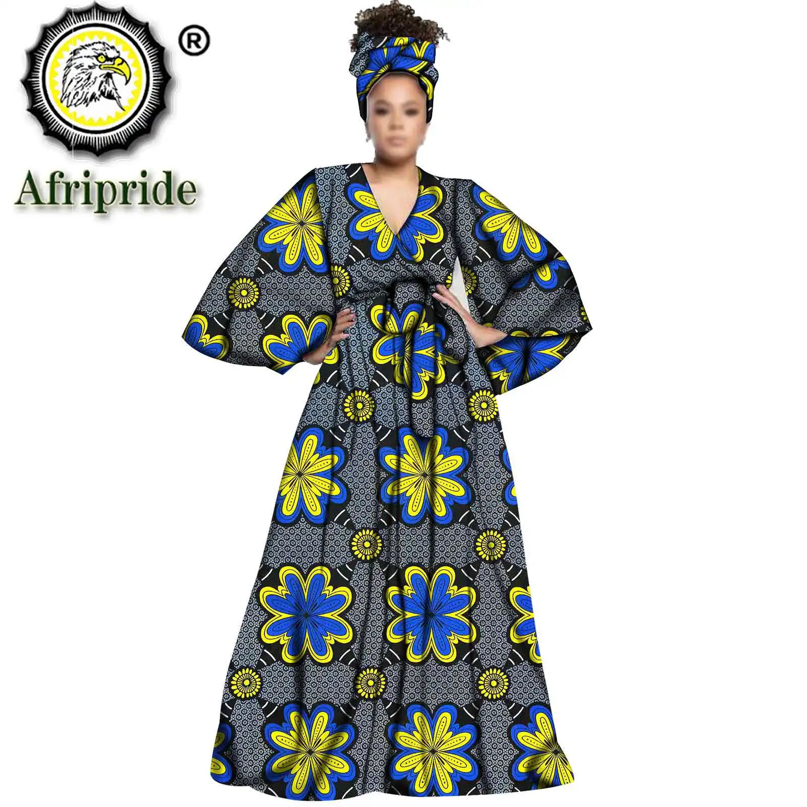 

2024Spring african design robes for women dashiki print with headscarf and sashes vintage floor-length dress AFRIPEIDE S1925035