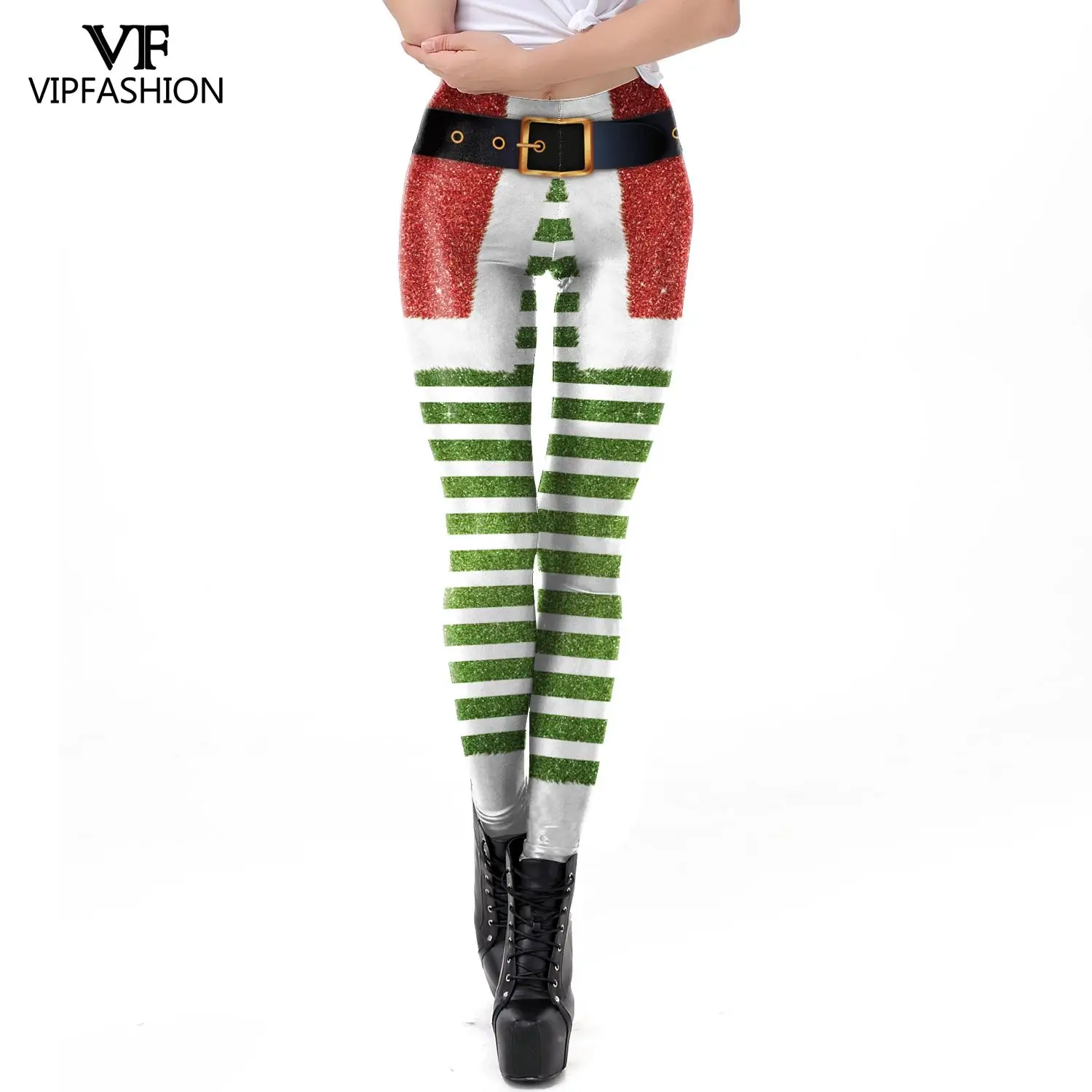 VIP FASHION Christmas Belt Leggings Gift Autumn Winter Festival Legging Women 3D Stripe Sexy High Waist Skinny Leggins