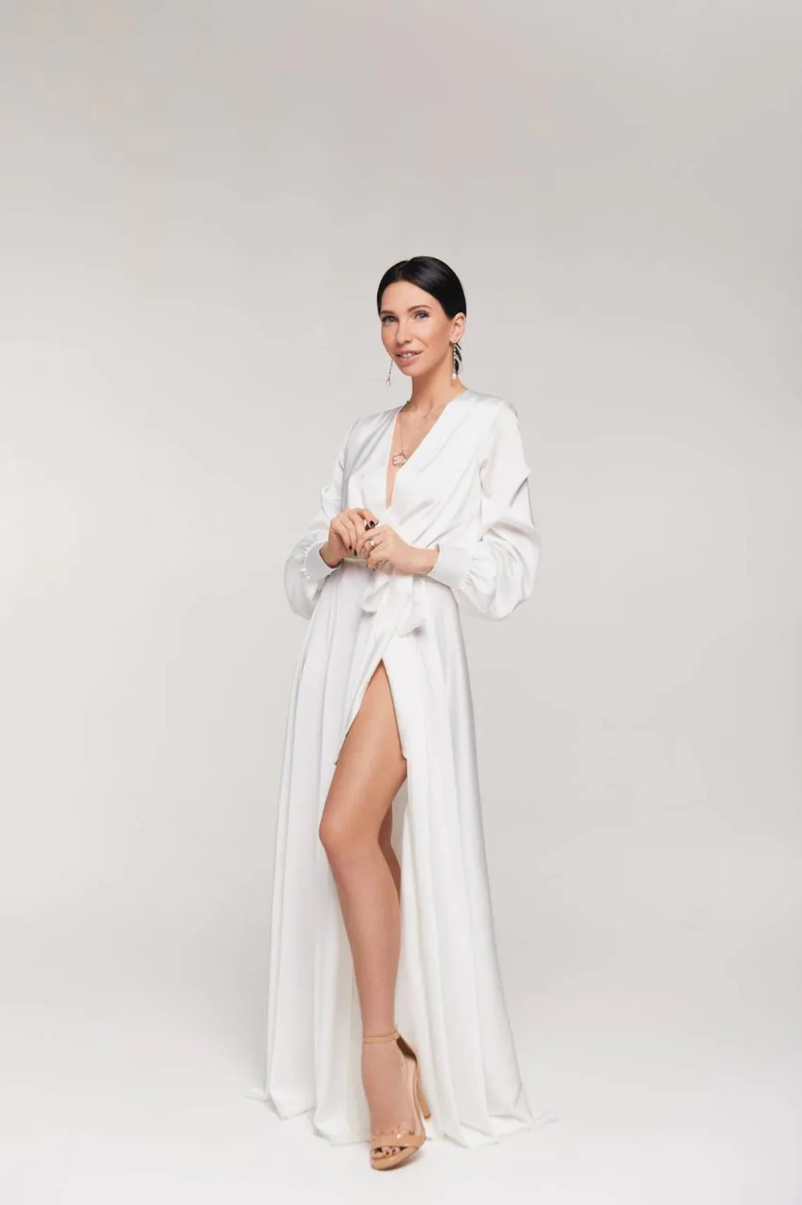 Branco cetim de seda vestido de baile de maternidade para sessão de fotos lado alto dividir mangas compridas vestidos de noite grávidas