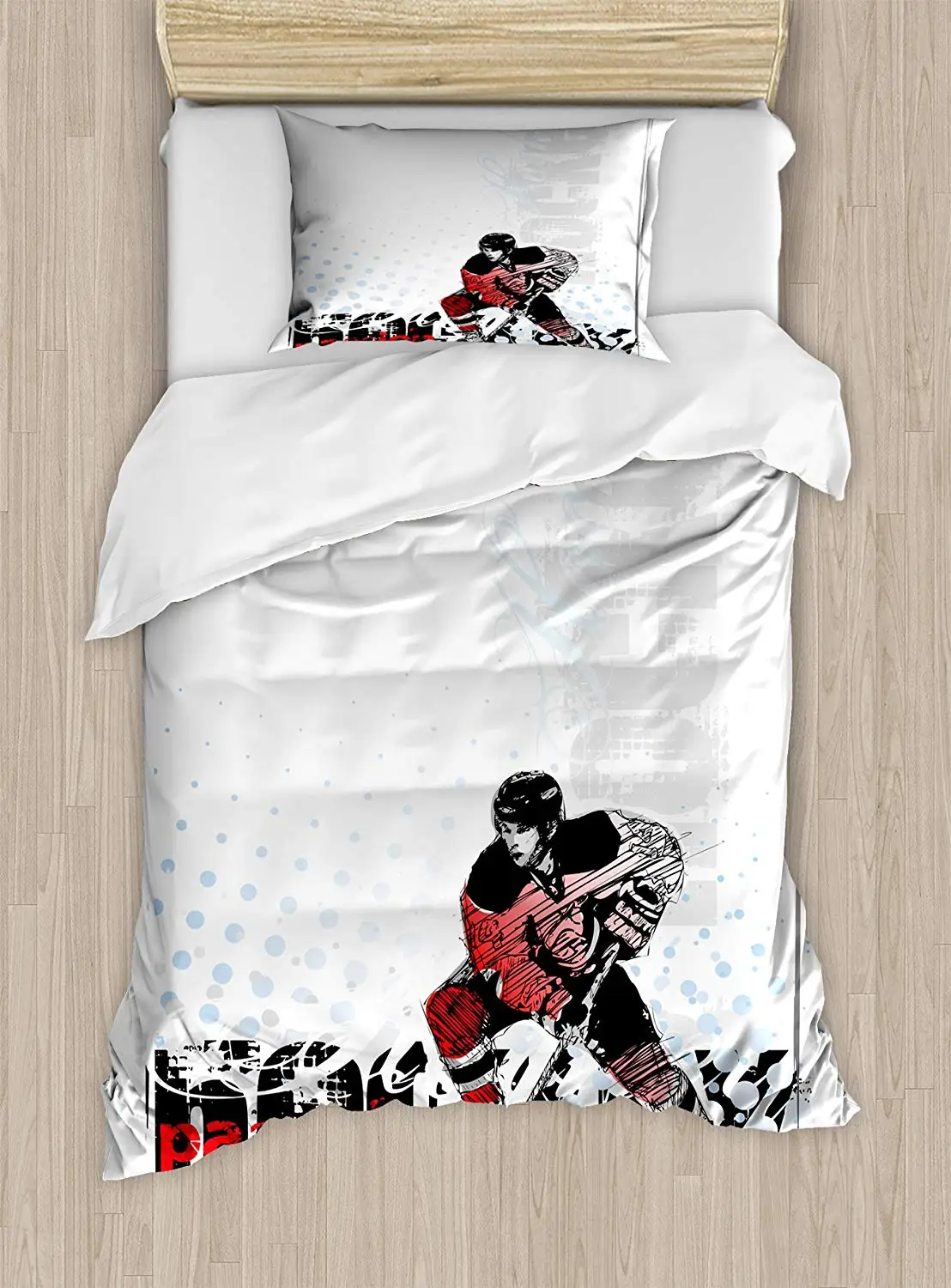 Hockey Duvet Cover Set Artwork of a Goalie with a Stick Playing Sports Passionate Professional Game Theme Decorative 2 Piece