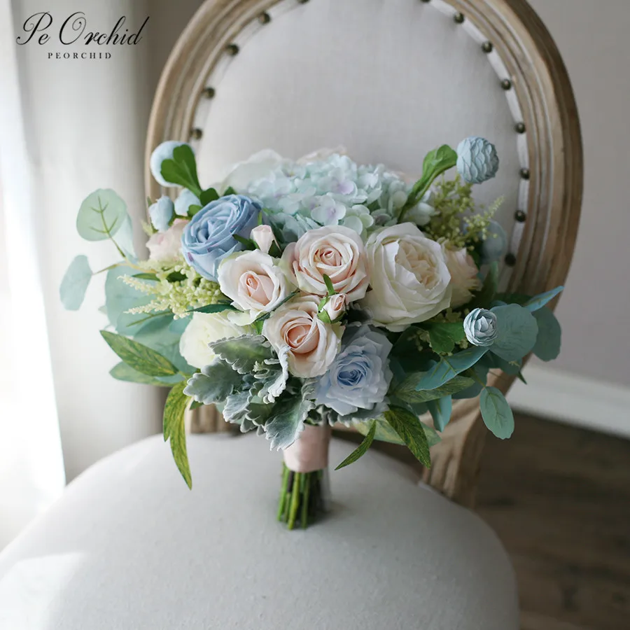 PEORCHID Bridal flower Tiffany Blue Wedding Bouquet Rose Peonies Artificial Bouquet Hydrangea Bride Home Decoration