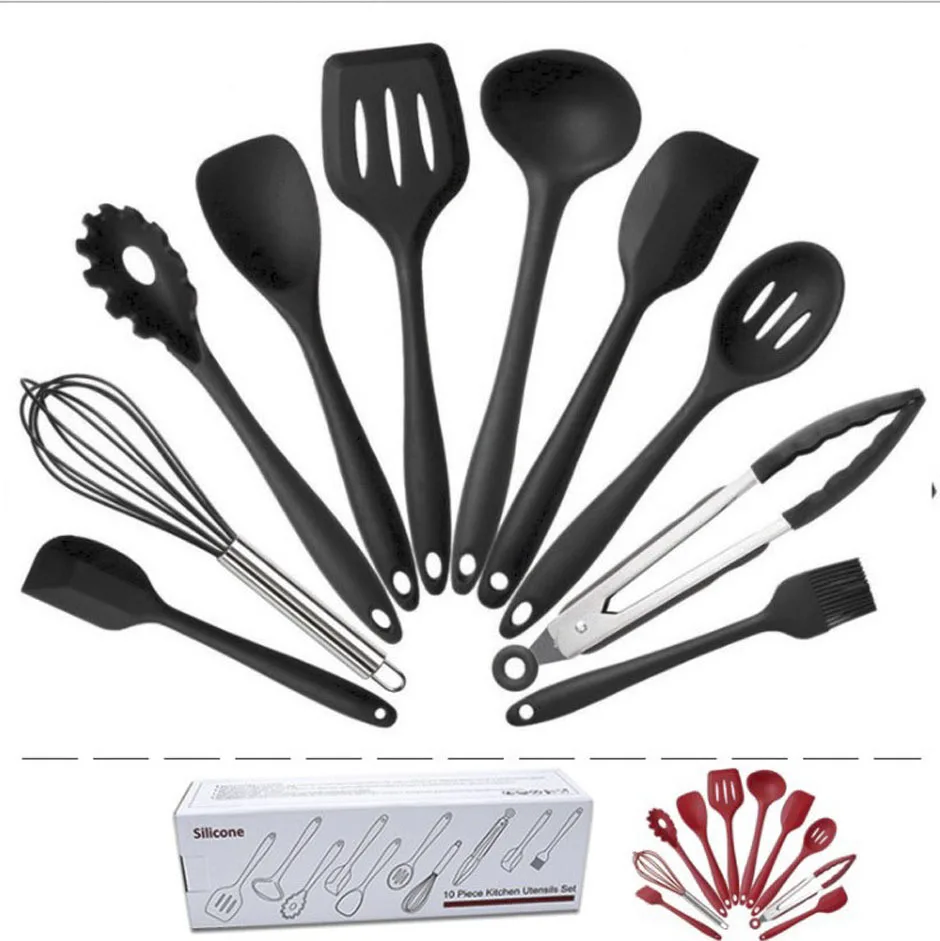 10pcs Silicone Non-stick Cooking Utensils Set Tool 4 colors Kitchenware Cookware Kitchen brush frying Shovel egg break box