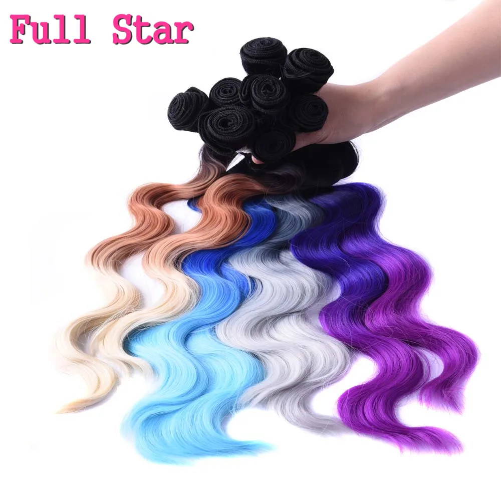 Estrela completa 4 pçs/lote onda do corpo ombre azul roxo 613 cor cabelo sintético tece 18 "20" 22 "máquina dupla trama cabelo com fechamento