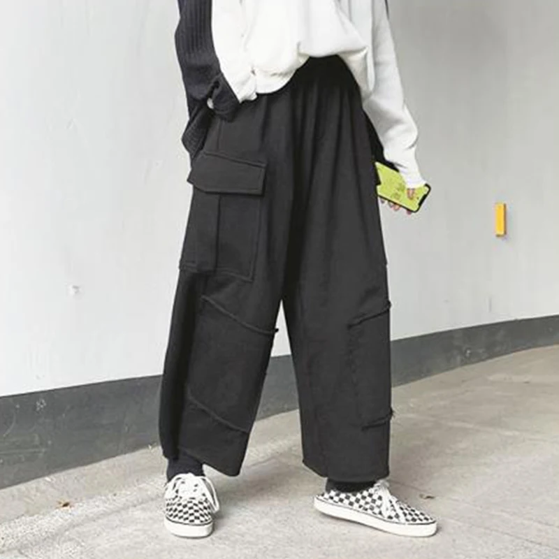 

Men's pants spring and fall casual wide leg pants men's cargo pants elastic waist hip hop track pants Yamamoto style