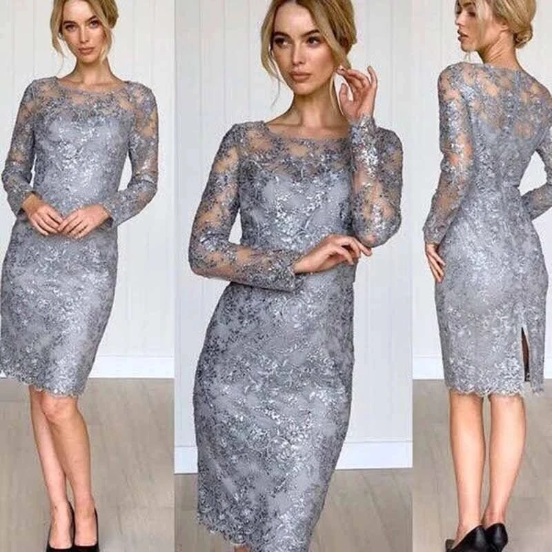 Gray Mother Of The Bride Dresses Sheath Long Sleeve Knee Length Lace Plus Size Short Groom Mother Dresses For Wedding Customized