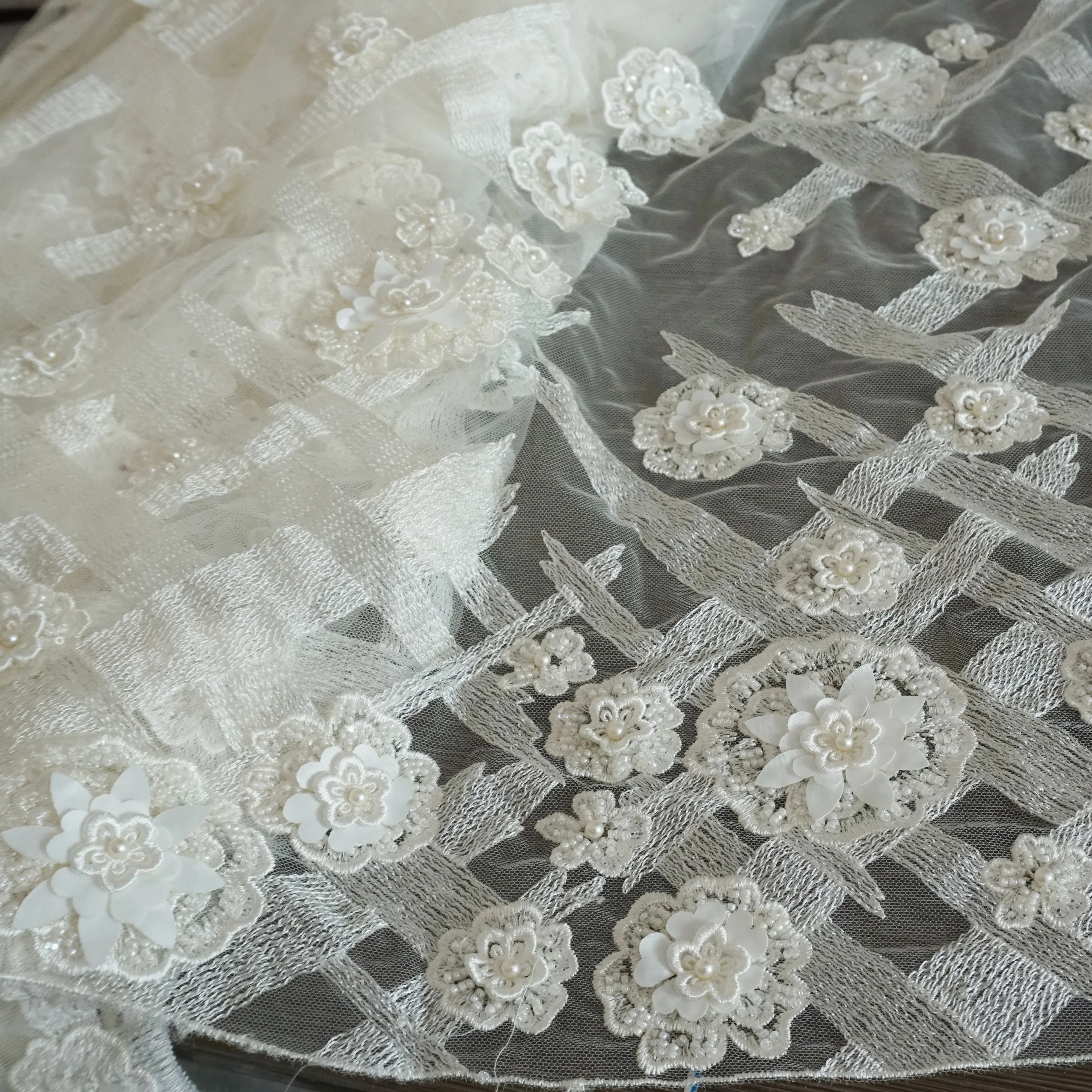 

Children Clothing Dress Making Lace 3D Embroidery Beading Lace Material Ivory Color