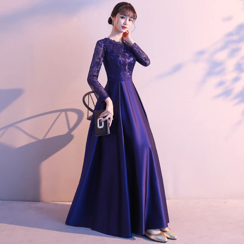 Wei yin AE0247 Dubai-Vestidos de Noche de lujo de encaje azul marino, manga larga, corte en A, moda musulmana, elegantes vestidos de noche