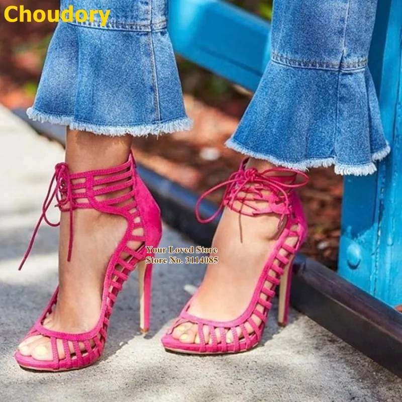 Choudory Fuchsia Suede Cage Sandals Stiletto Heel Hollow Out Dress Shoes Open Toe Lace-up Strappy Gladiator Pumps Dropship Heels