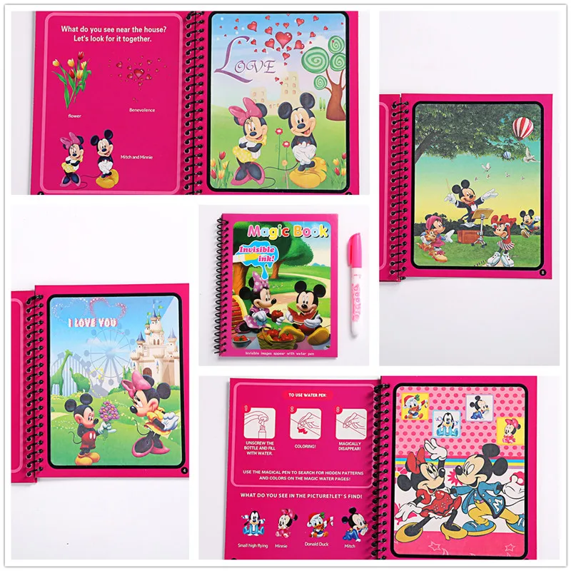 Disney-pintura al agua de Minnie y Mickey para niña, juguetes de dibujo, Graffiti, figura de acción de anime, libro mágico de acuarela, regalo de