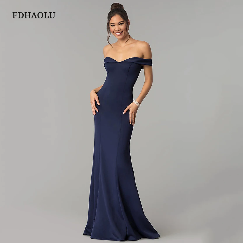 AE82-vestidos de noche con escote en V para mujer, traje Sexy de sirena para fiesta y graduación, traje Formal personalizado, color azul marino, 2020