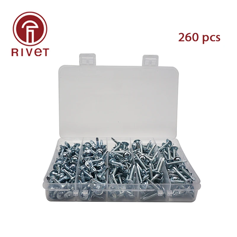 260Pcs/Set Drilling Tail Screw Phillips Flat Head Self Tapping Screws Carbon Steel Galvanized Drilling Tail Screws M4.2