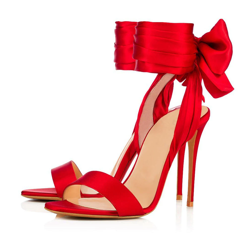 

Ladies Bright Red Satin Fabric Back Bowtie Open Toe Sandals Stiletto Heels Silk Straps Bandage Butterfly-Knot Wedding High Heels