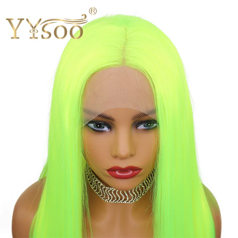 YYsoo Wig Sintetik Lurus Sutra Hijau Neon Panjang Wig Depan Renda Tanpa Lem untuk Wanita Wig Hijau Cosplay Tahan Panas