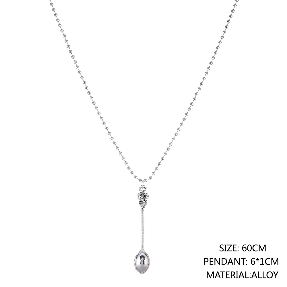 Fashion Women Men Crown Mini Tea Spoon Shape Pendant Long Chain Necklace Sweater Metal Chain Necklace Jewelry