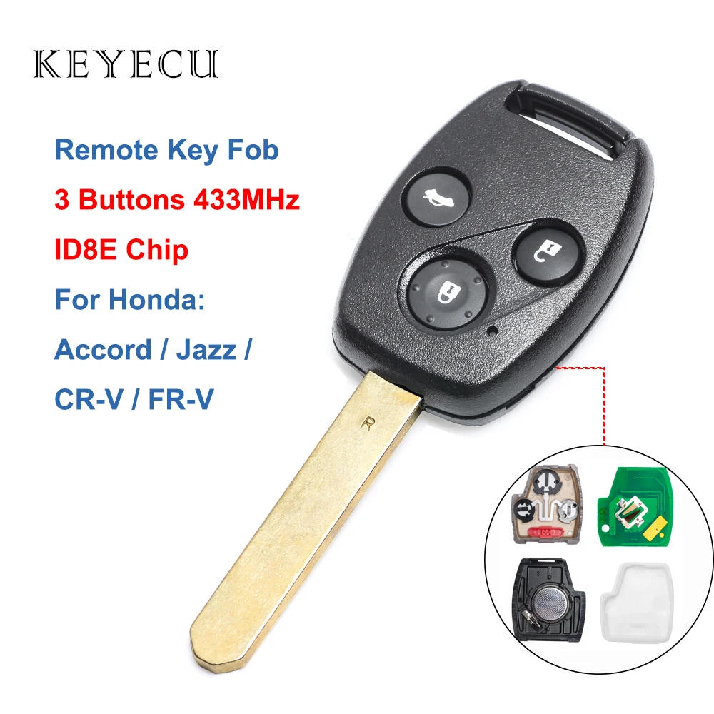 

Keyecu Remote Key with 3 Buttons 433MHz ID8E Chip for Honda Accord 2006-2009, Jazz 2006-2008,CR-V 2006-2008,FRV 2007-2009