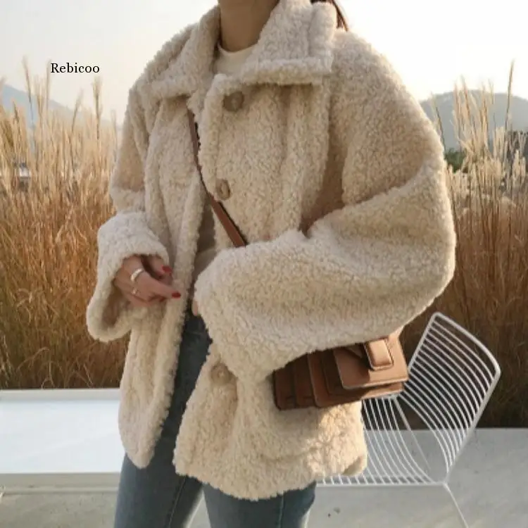 Faux Fur Thick Coat for Women Autumn Warm Soft Loose Fur Jacket Female Outerwear Button Plush Ladies Casual Winter Overcoat