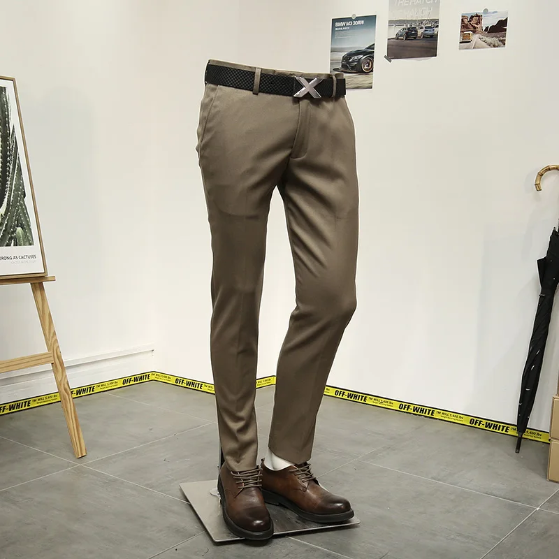 Korea Slim Style Mens Casual Suits Pants New Autumn Winter Thicken Warm Young Man Wedding Groom Wear Deep Khaki Color