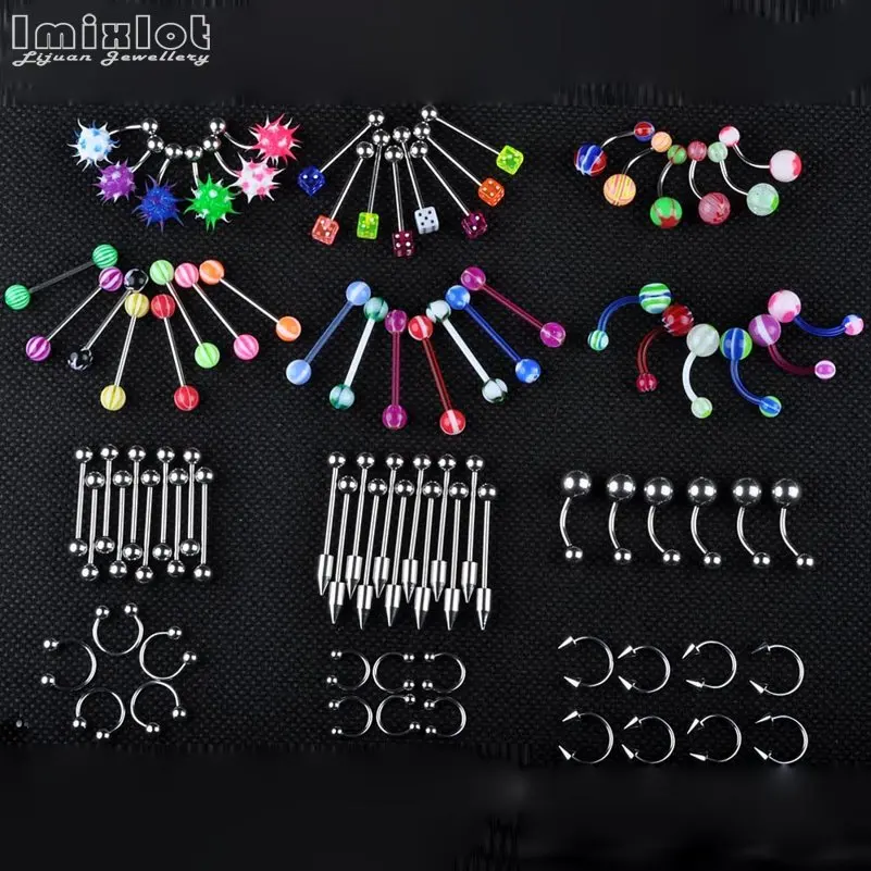 45-105Pcs Stainless Steel Body Piercing Jewelry Mix Style Eyebrow Navel Labret Lip Tongue Nose Ring Tragus Ear Piercing Jewelry