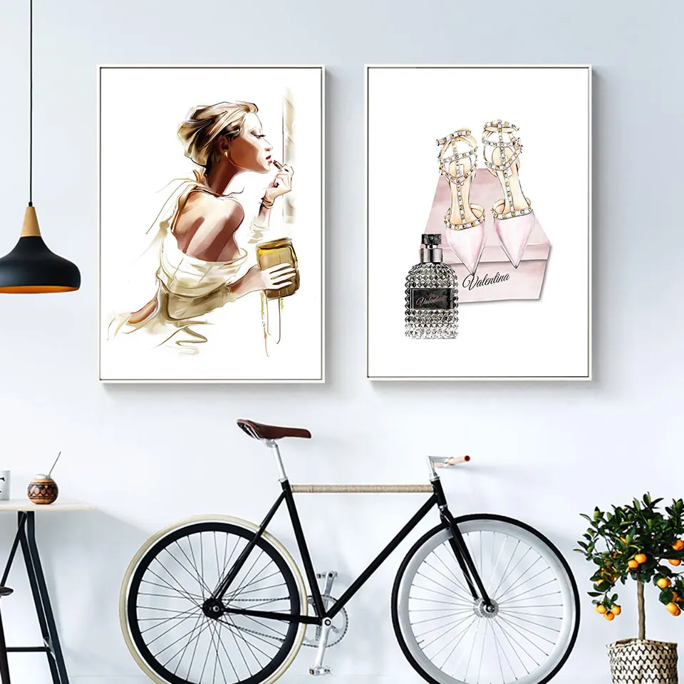 Fashion Poster Print Girl Makeup Canvas Painting Nordic Art High-heeled Shoes Wall Pictures For Living Room Paris Perfume Modern